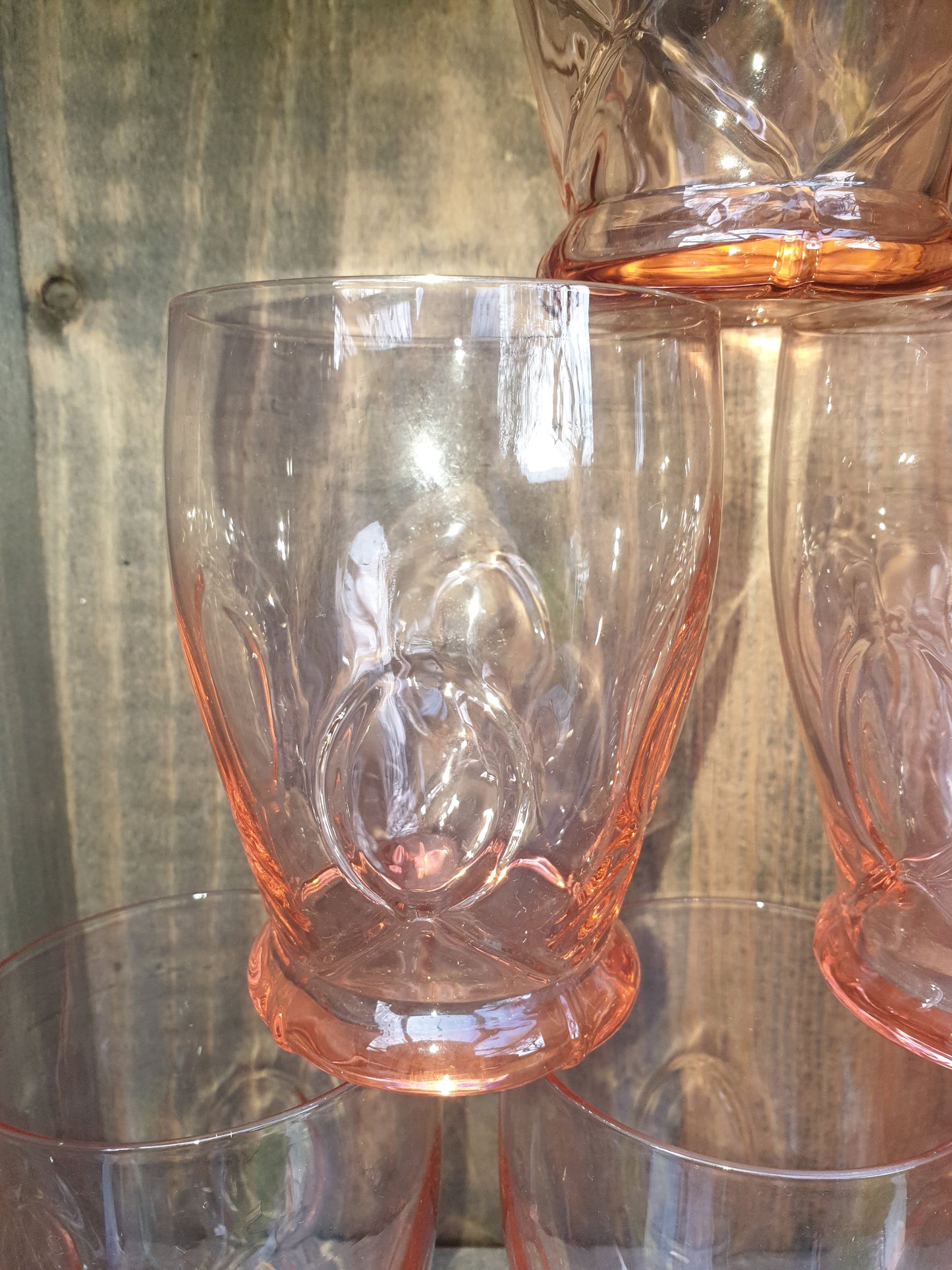 Vintage pink glass jug and tumbler set.
