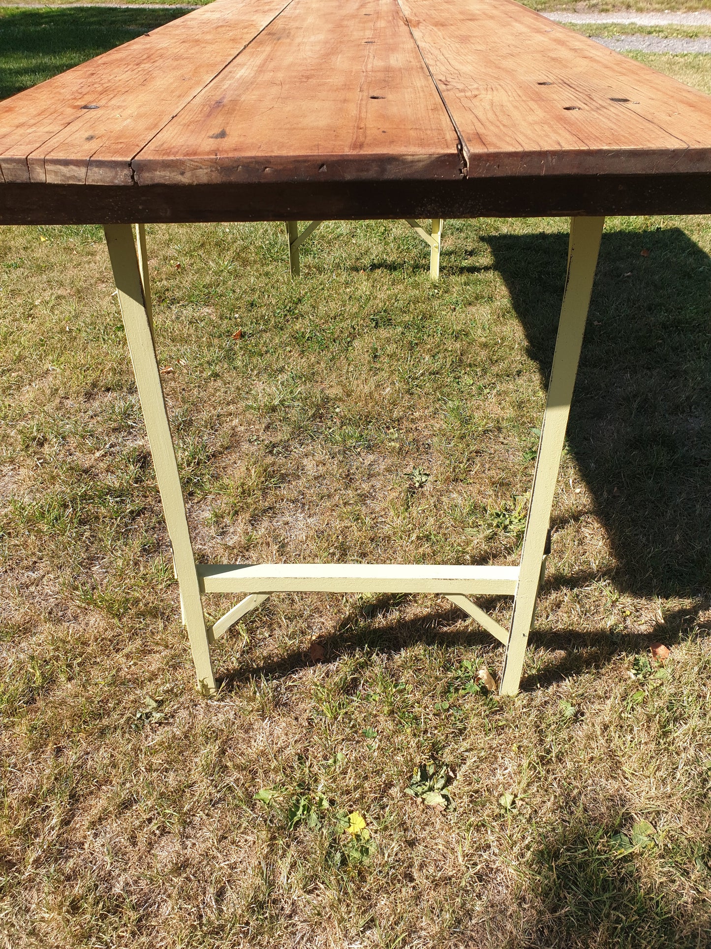 Vintage 3 plank trestle table with folding metal legs
