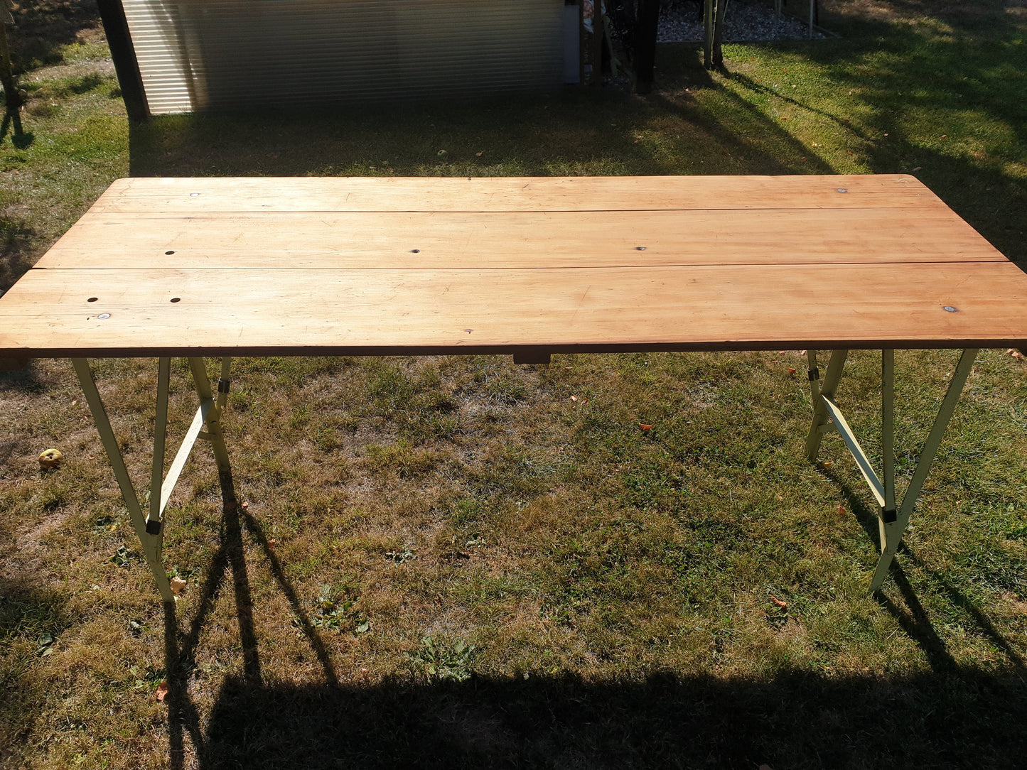 Vintage 3 plank trestle table with folding metal legs