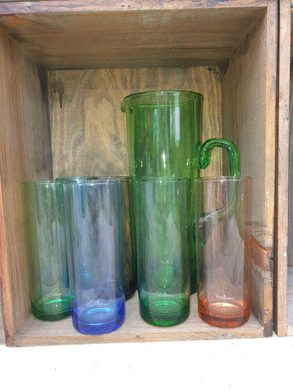 Multi coloured glass jug and tumbler set