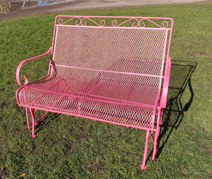 Vintage Metal Mesh Patio Glider Swing Bench - Pink Retro Garden Seat