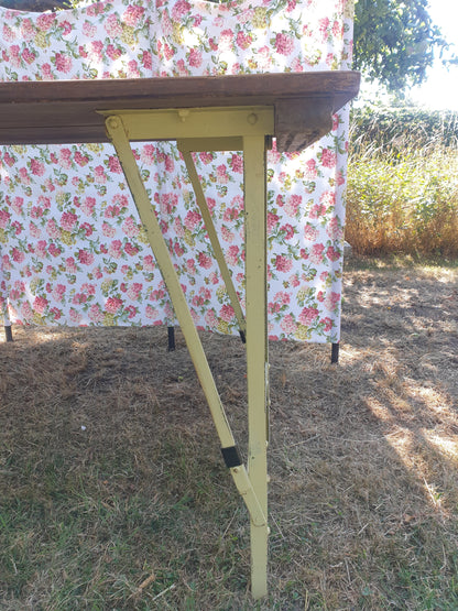Vintage 3 plank trestle table with folding metal legs