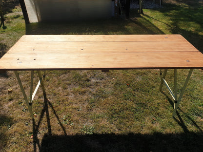 Vintage 3 plank trestle table with folding metal legs